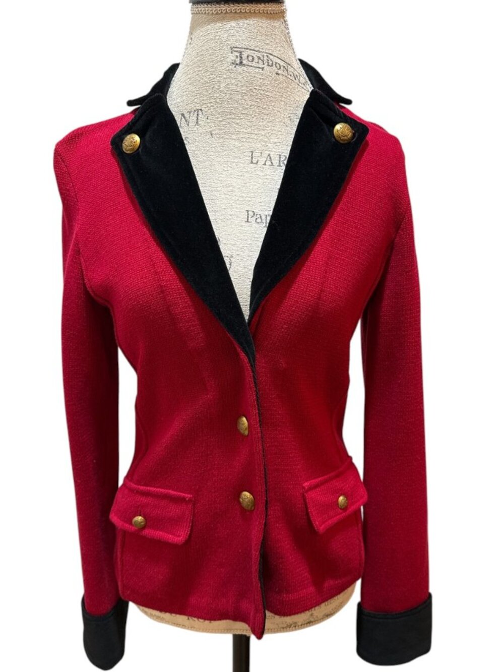 Lauren Ralph Lauren Sz S Red Sweater Black Velvet Accents Gold Metal Buttons